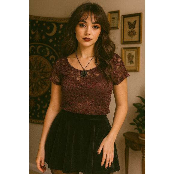 Aerie Maroon Floral Lace Sheer Dolman Short Sleeve Top XS Vintage Y2K Whimsigoth - Picture 1 of 7